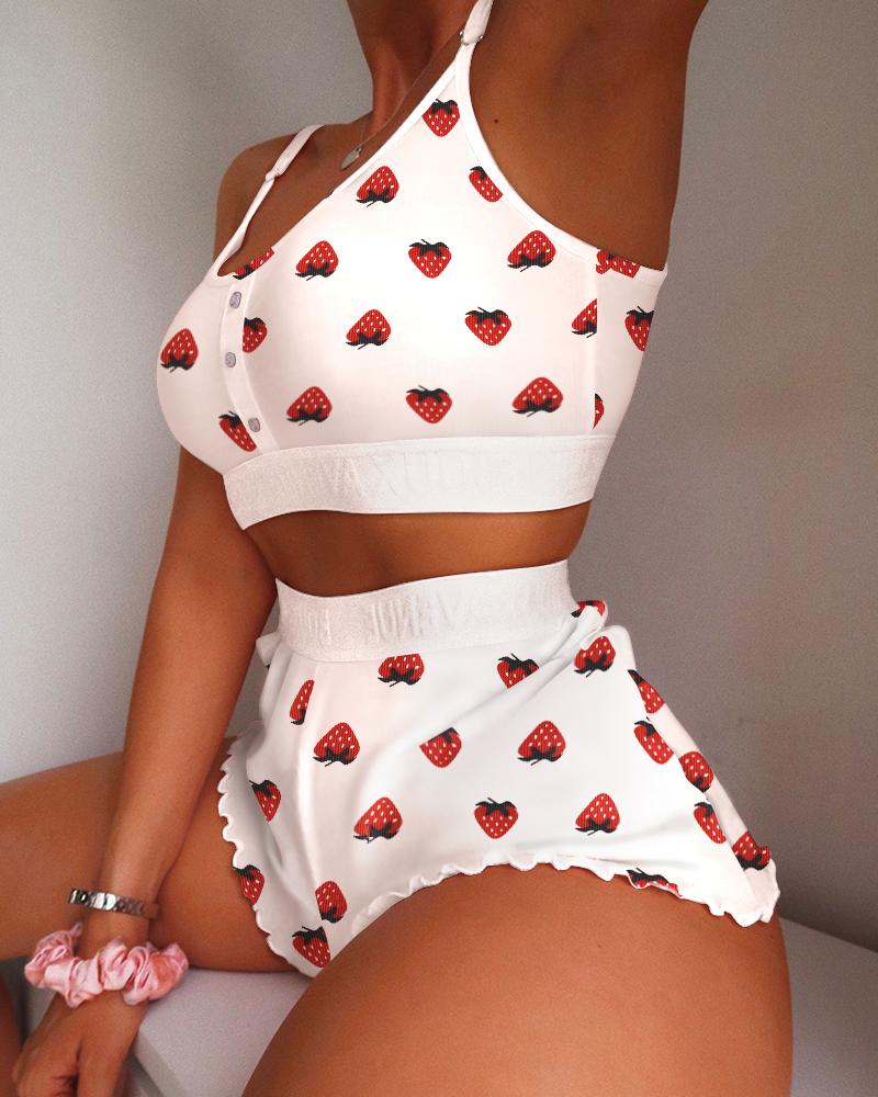 

Strawberry Print Frill Hem Cami Set, White