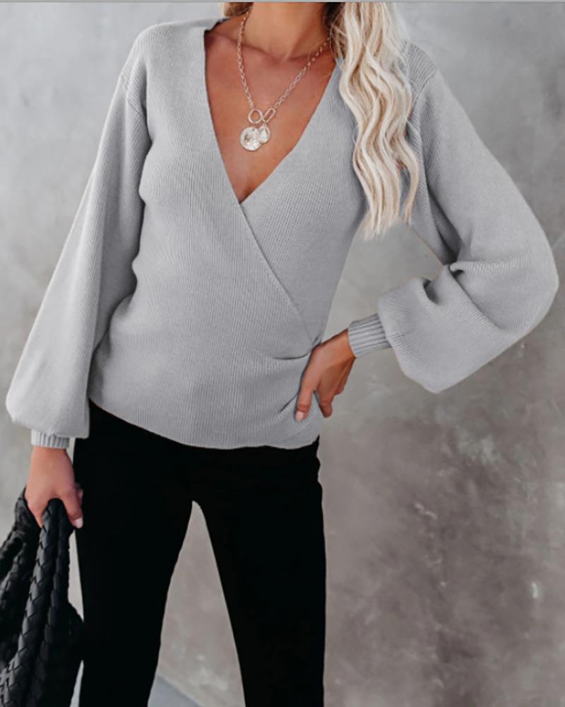 

Surplice Neck Lantern Sleeve Knit Sweater, Gray