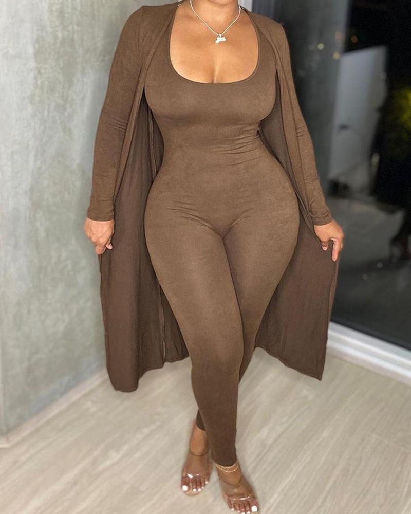 

U-Neck Sleeveless Jumpsuit & Longline Coat Set, Coffee