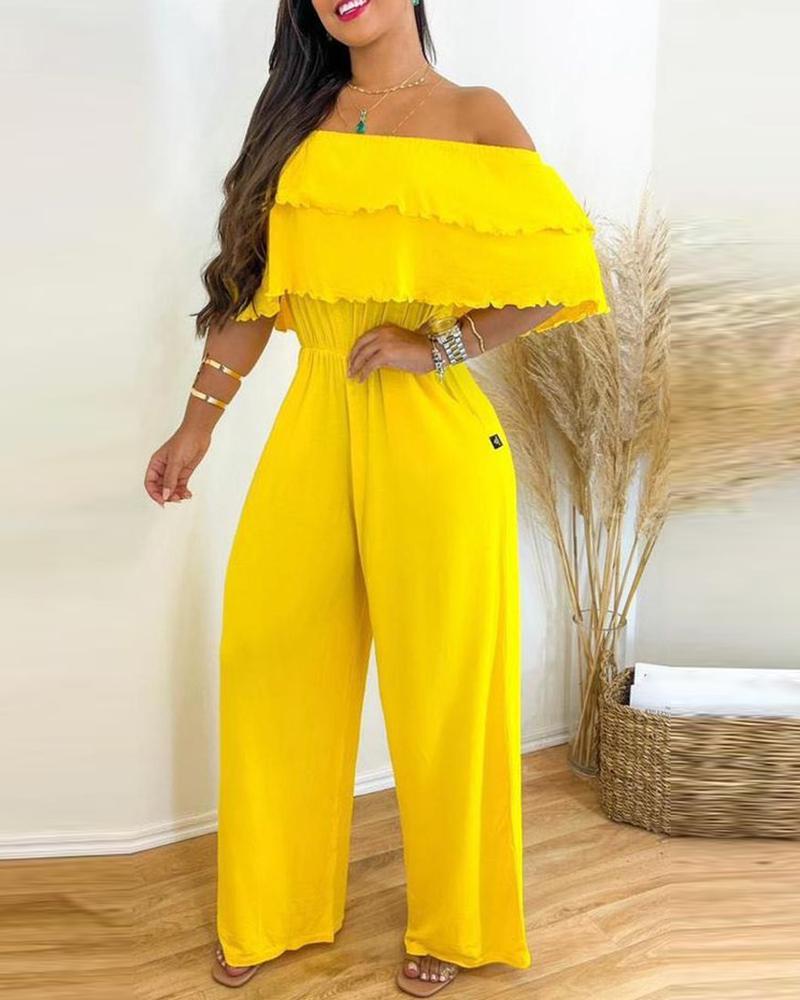 

Off Shoulder Frill Hem Layered Ruched Jumpsuit, Yellow