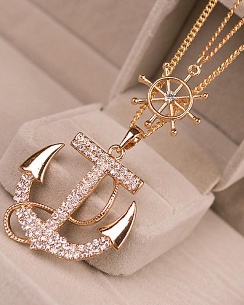 

1pcs Multi-layer Rhinestone Wheel Anchor Pendant Necklace, White