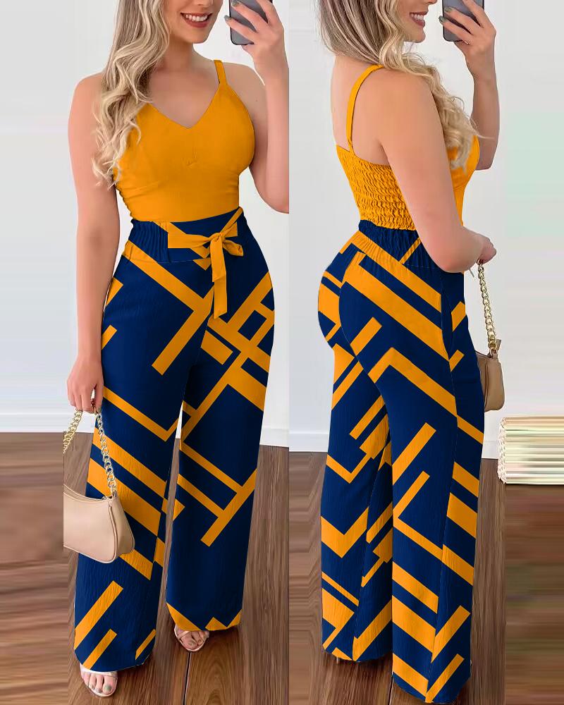 

Shirred Cami Top & Geometric Print High Waist Pants Set, Orange