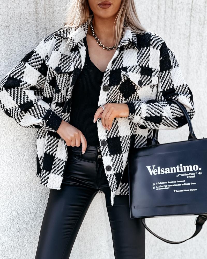 

Houndstooth Plaid Print Long Sleeve Button Up Shacket, Black
