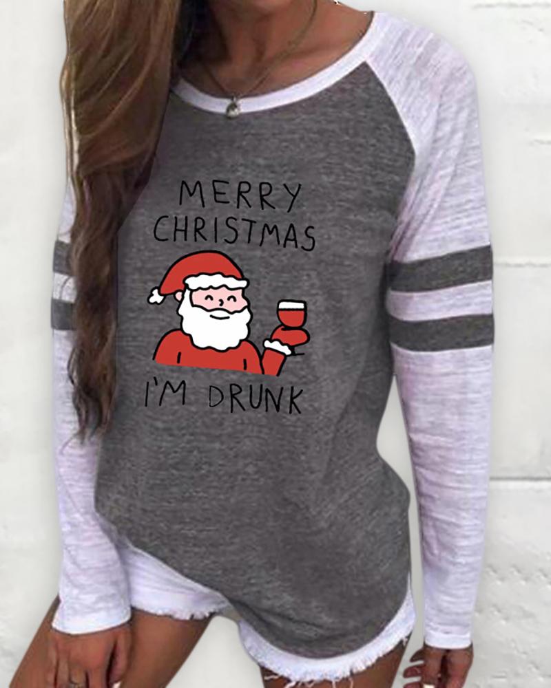 

Christmas Long Sleeve Casual Santa Print Sweatshirt, Gray