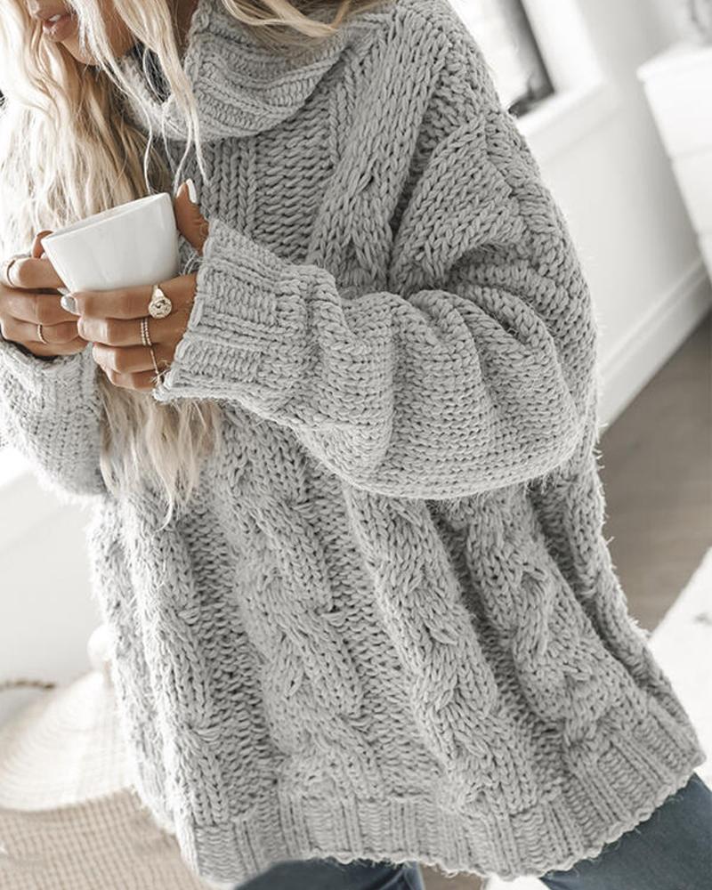 

Long Sleeve High Neck Cable Knit Sweater, Gray