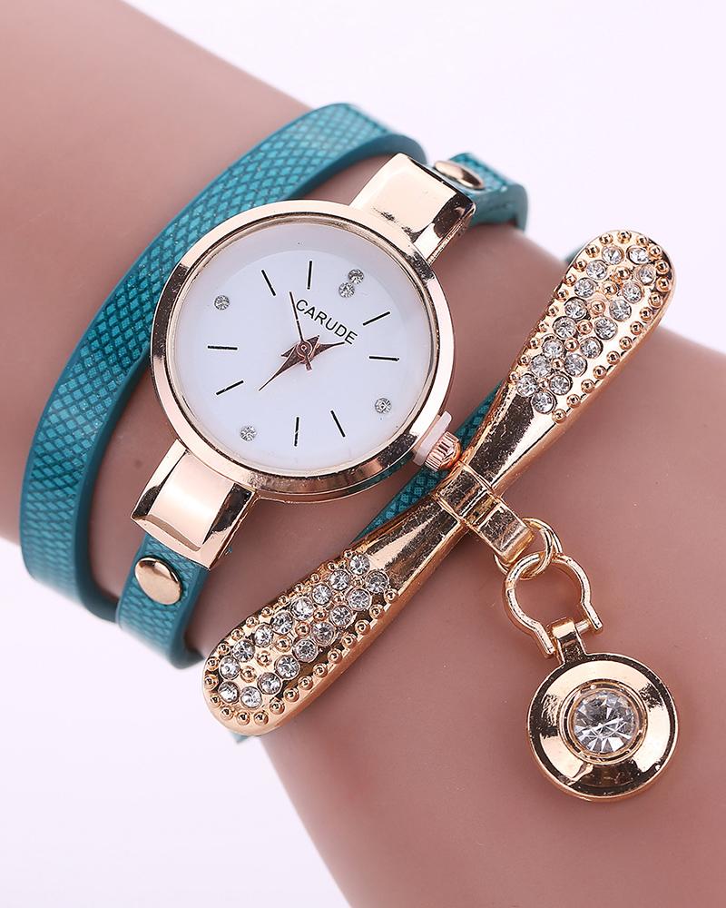 

Minimalist PU Leather Rhinestone Quartz Wrist Watch & Bracelet Set, Blue