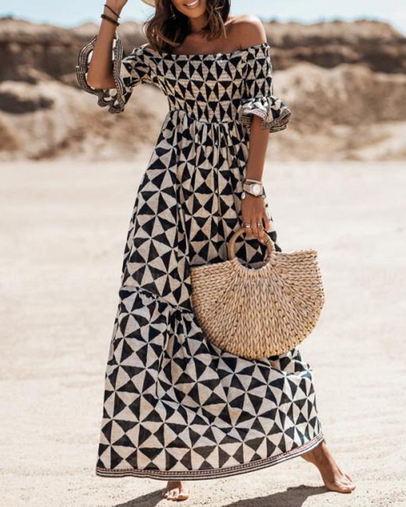 

Geo Print Off Shoulder Bell Sleeve Shirred Maxi Dress, Black