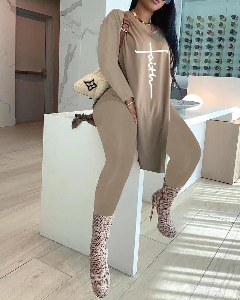 

Letter Print Split Hem Longline Top & Pants Set, Khaki