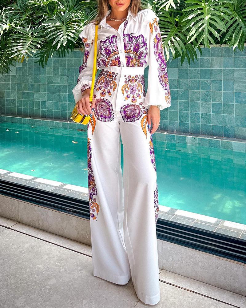 

Tribal Floral Print Lantern Sleeve Top & Wide Leg Bootcut Pants Set, White