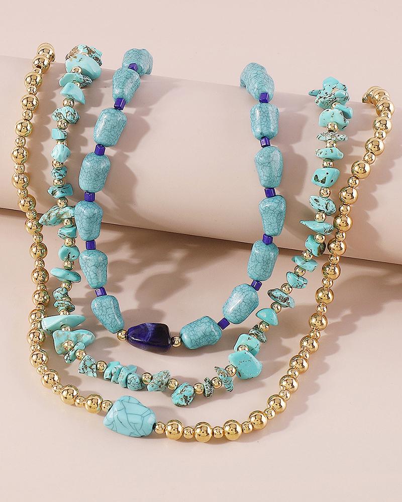 

3pcs Turquoise Beaded Asymmetrical Stackable Necklaces Set, Blue
