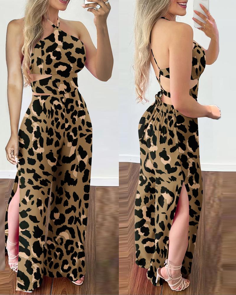 

Leopard Print Halter Sleeveless Jumpsuit Casual Backless Loose Fit Slit Rompers, Coffee