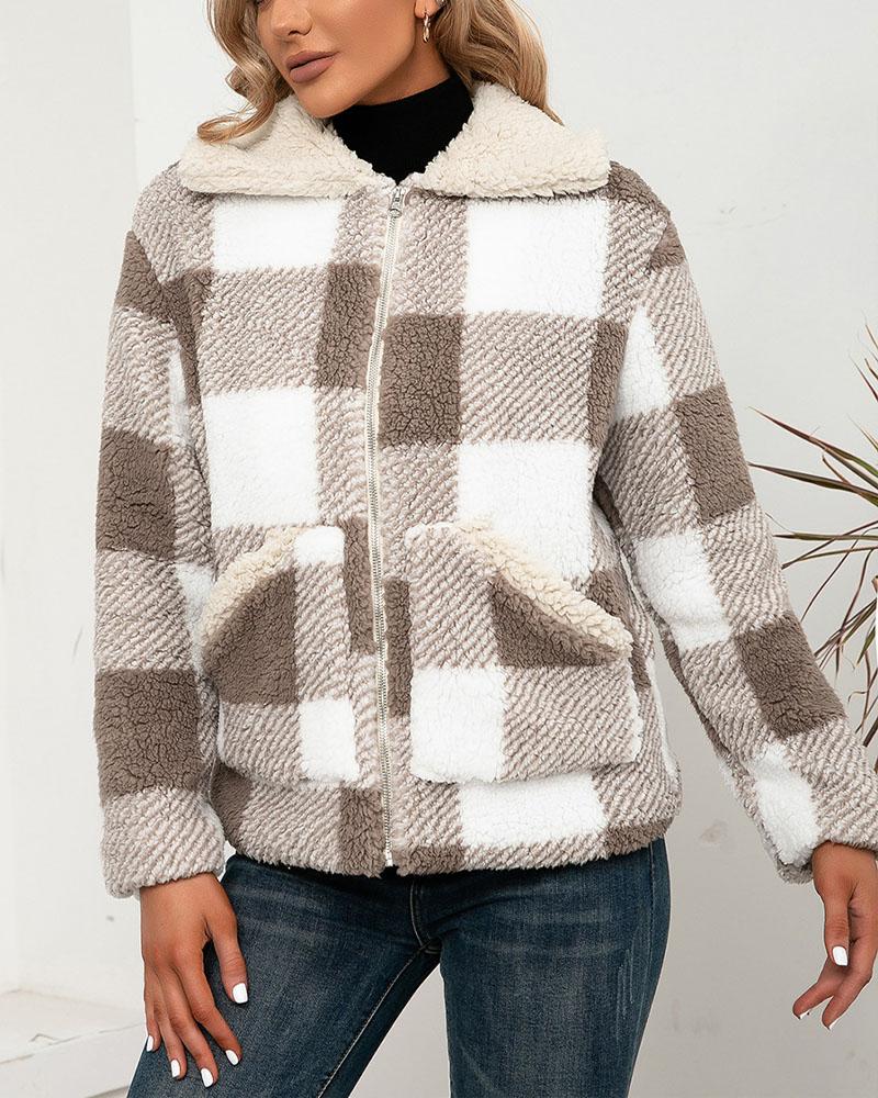 

Plaid Print Pocket Detail Zip Up Teddy Coat, Khaki