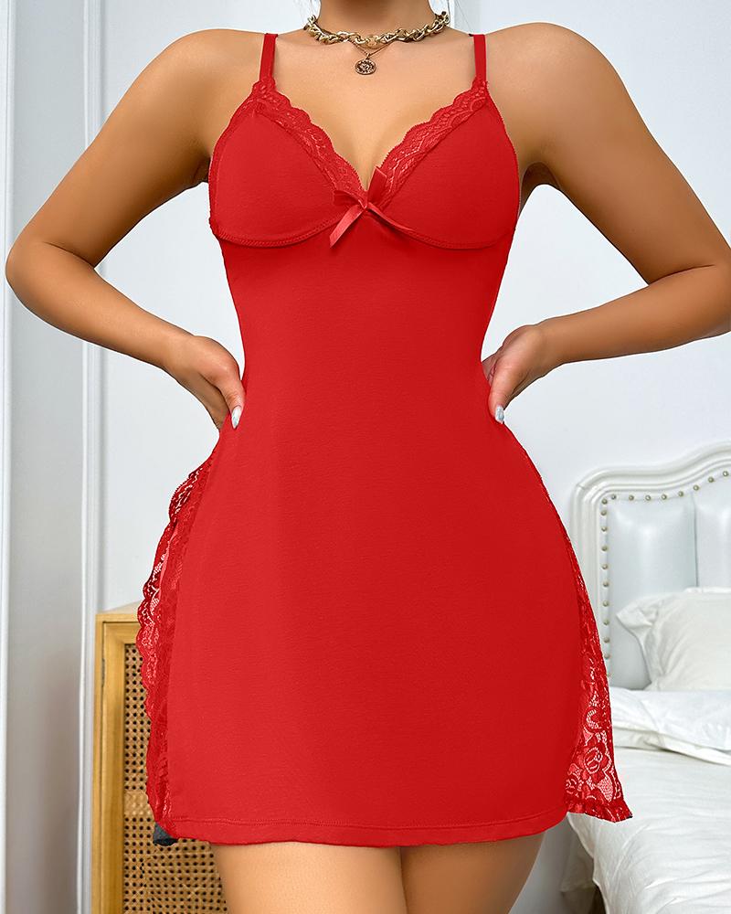 

Lace Trim Side Slit Bowknot Decor Modal Cami Sleep Dress, Red