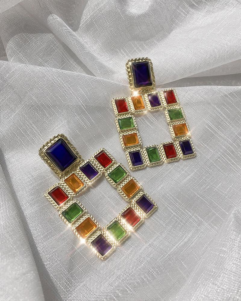 

1Pair Colorful Square Rhinestone Geometric Drop Earring, Multicolor