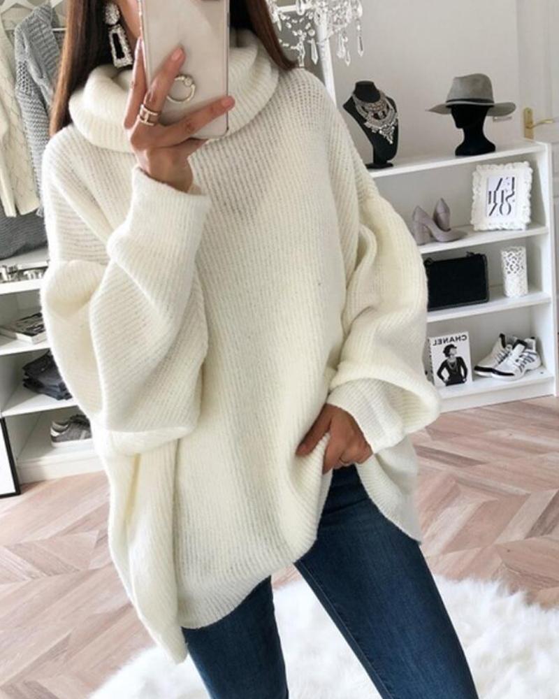 

High Neck Long Sleeve Knit Sweater, White