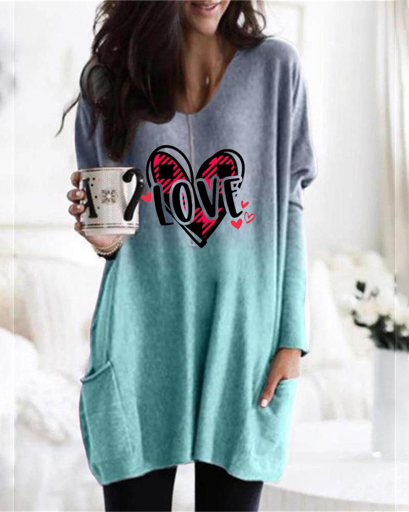 

Valentine's Day Letter Heart Print Ombre Casual Top, Blue