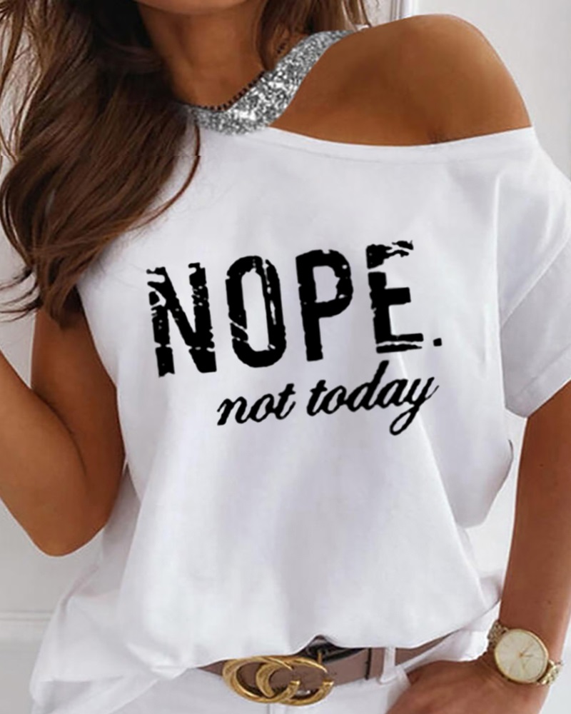 

Sequins Letter Print One Shoulder Short Sleeve Top, White