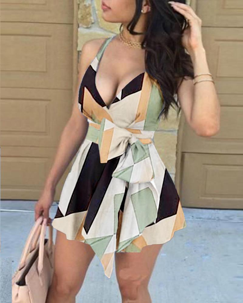 

Abstract Print Colorblock Sleeveless Tied Detail Dress, Green