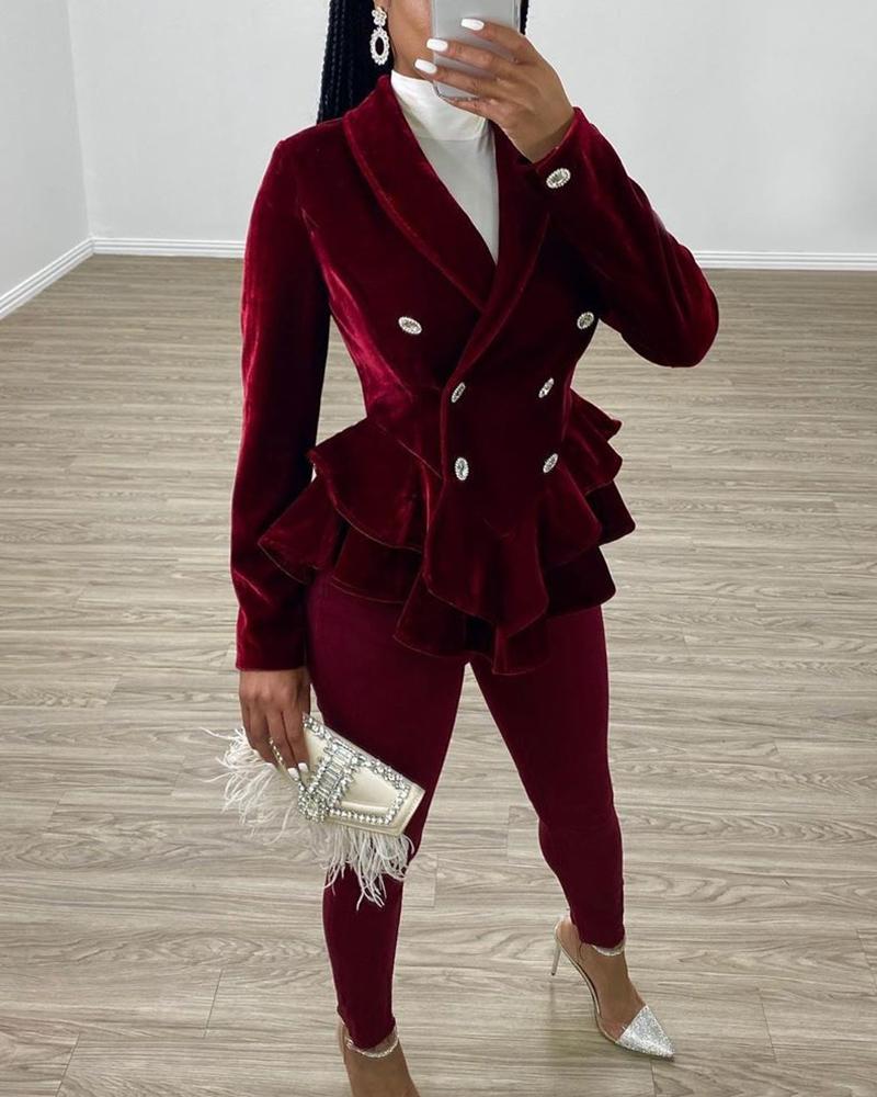 

Double Breasted Velvet Ruffle Blazer & Skinny Pants, Wine red