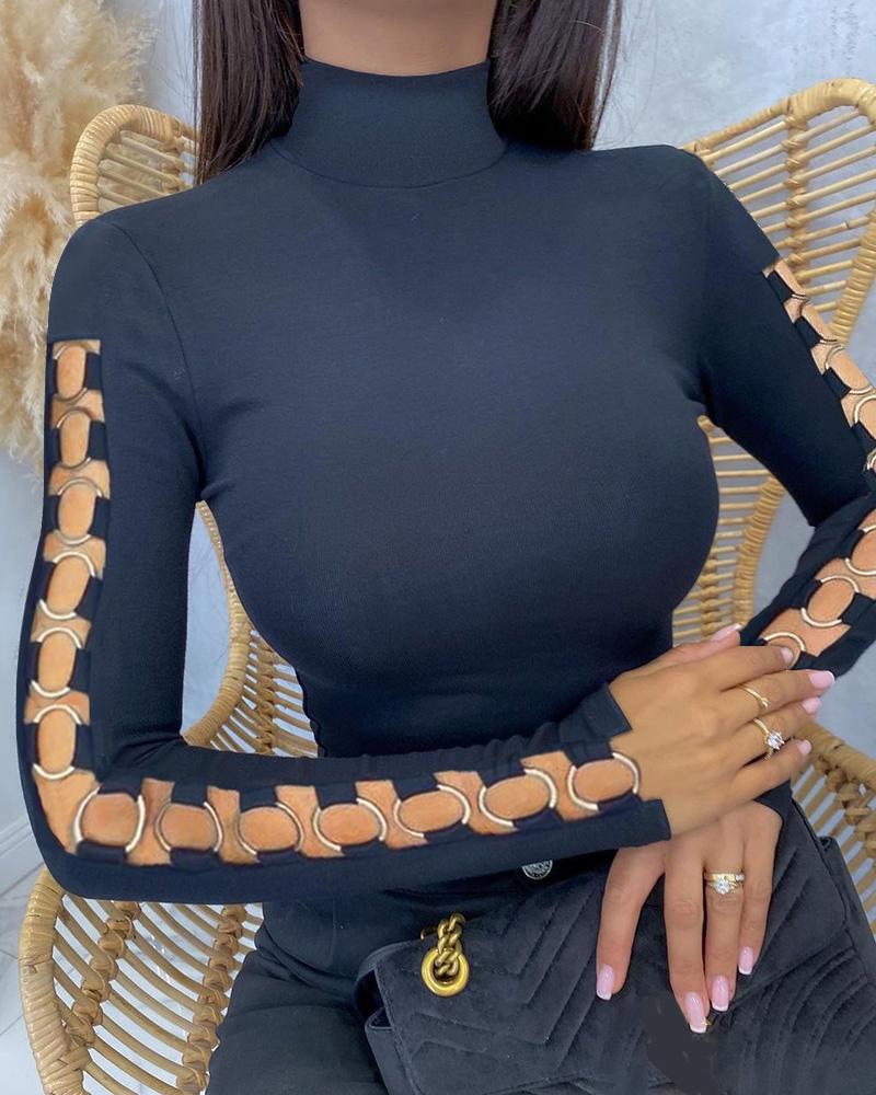 

O-Ring Link Hollow-out Long Sleeve Skinny Top, Black