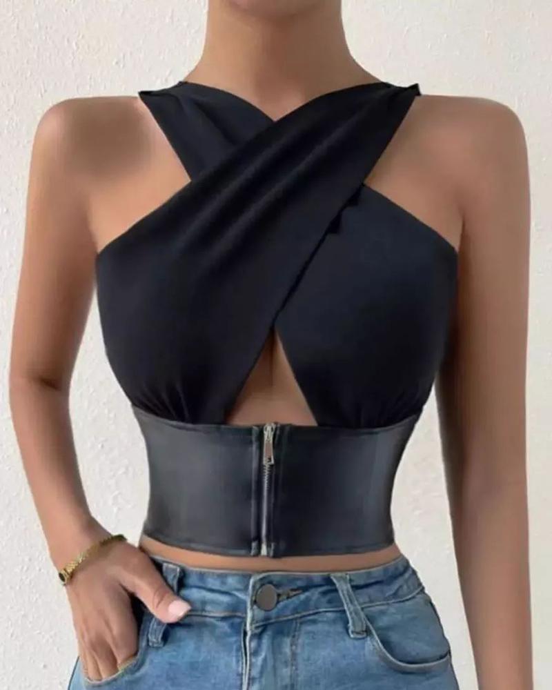 

PU Leather Patch Cutout Crisscross Top, Black