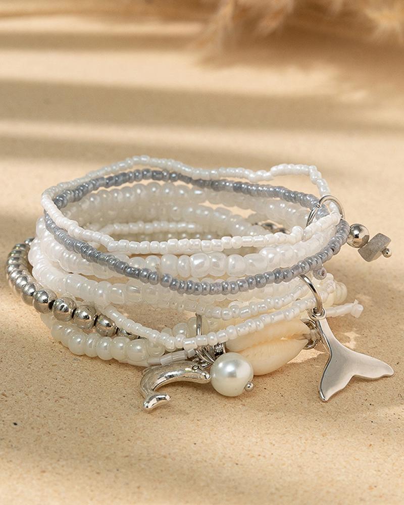 

3pcs Colorblock Fishtail & Mermaid Pattern Layered Beaded Bracelets Set, Beige