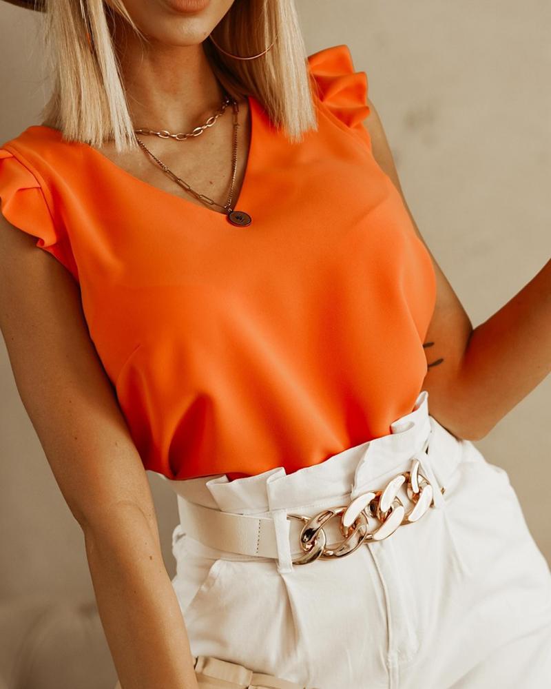 

Ruffles Sleeveless V-Neck Casual T-shirt, Orange