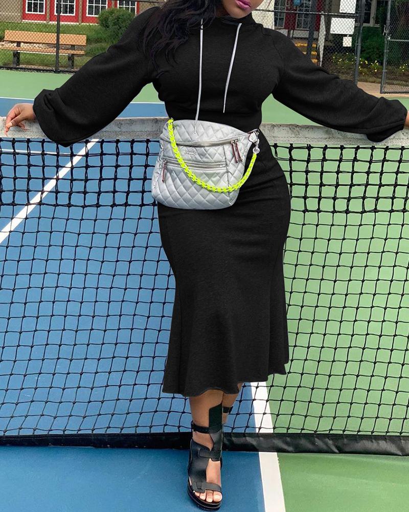 

Plain Lantern Sleeve Hooded Top & High Waist Mermaid Skirt Set, Black