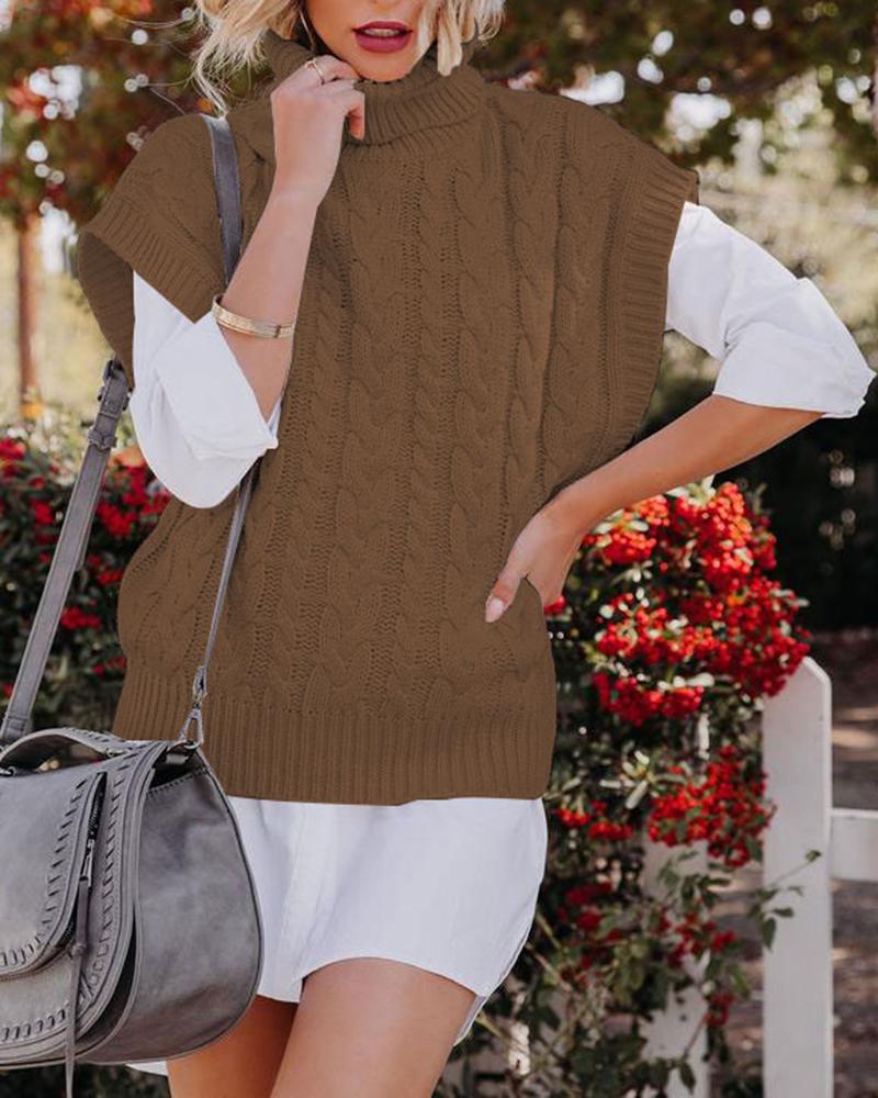 

Braided Knit Cap Sleeve High Neck Sweater, Coffee