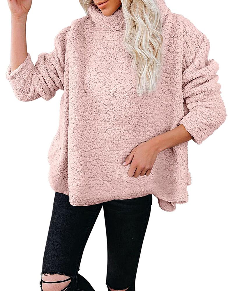 

Long Sleeve High Neck Fleece Fuzzy Coat, Pink