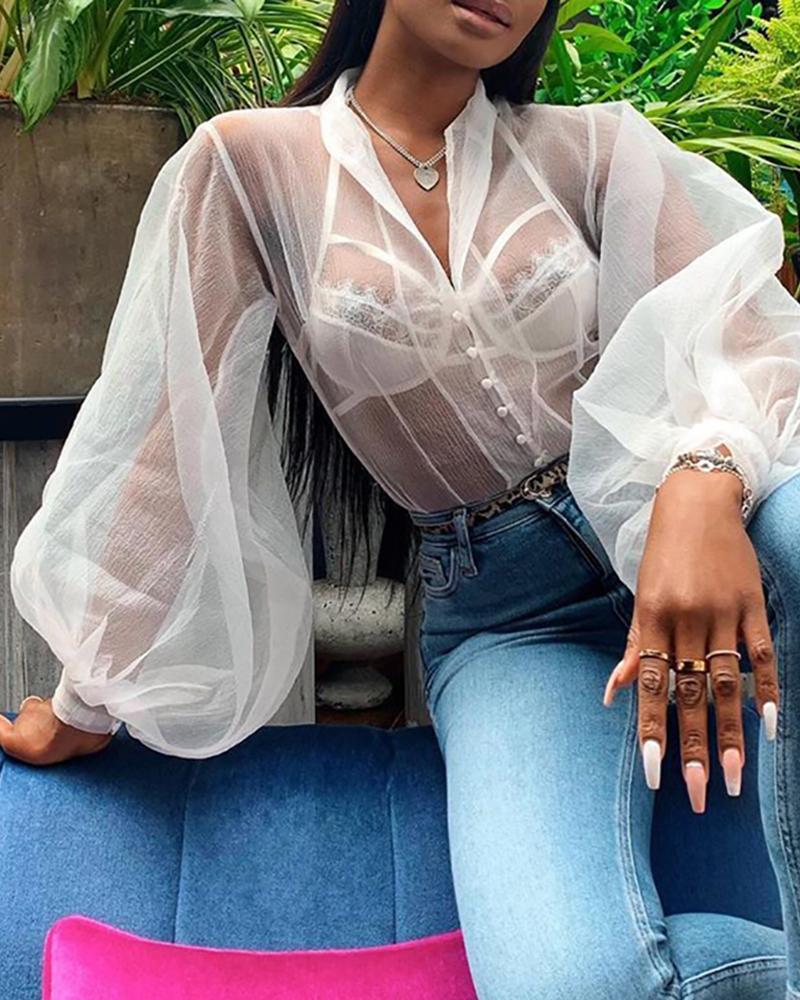 

Button Design Lantern Sleeve Sheer Mesh Top, White
