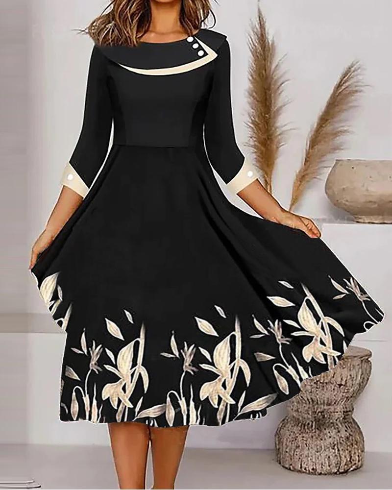 

Plants Print Button Detail Casual Dress, White