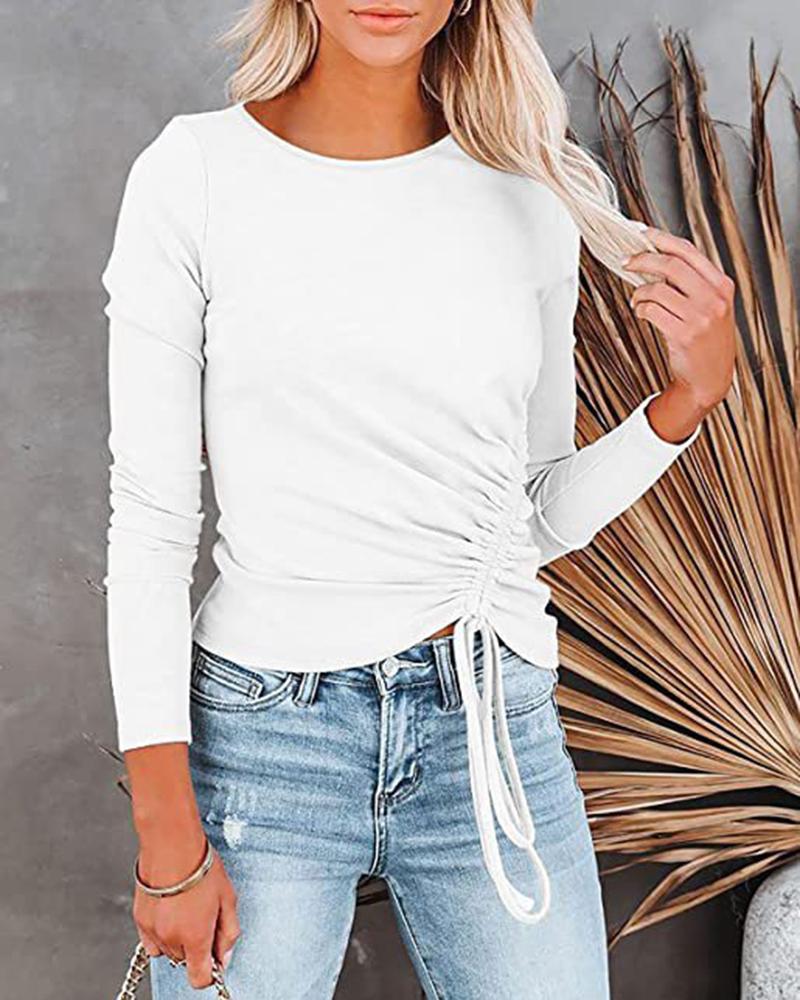 

Drawstring Round Neck Long Sleeve Top, White