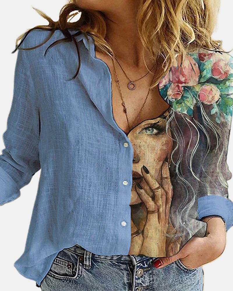 

Figure Print Button Design Long Sleeve Casual Shirt, Blue