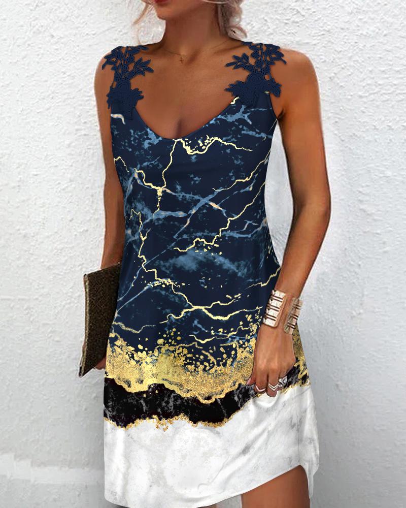 

Marble Print Lace Patch Sleeveless Casual Dress, Dark blue
