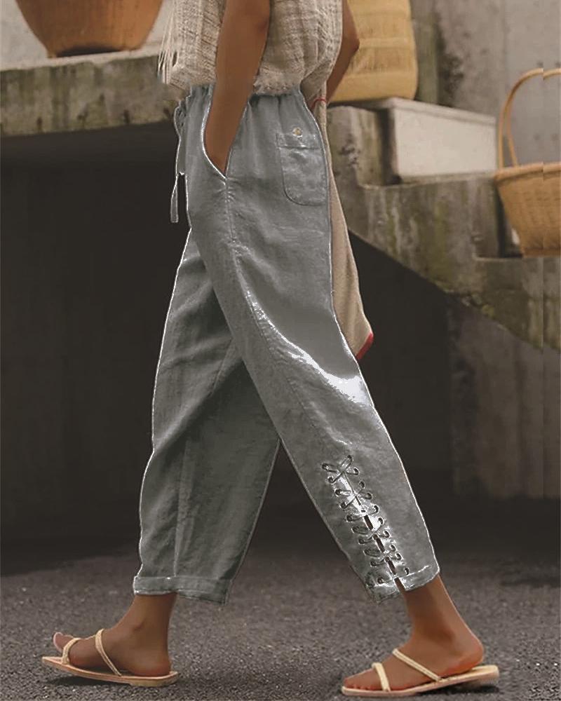

Eyelet Lace-Up Pocket Design Drawstring Pants, Gray