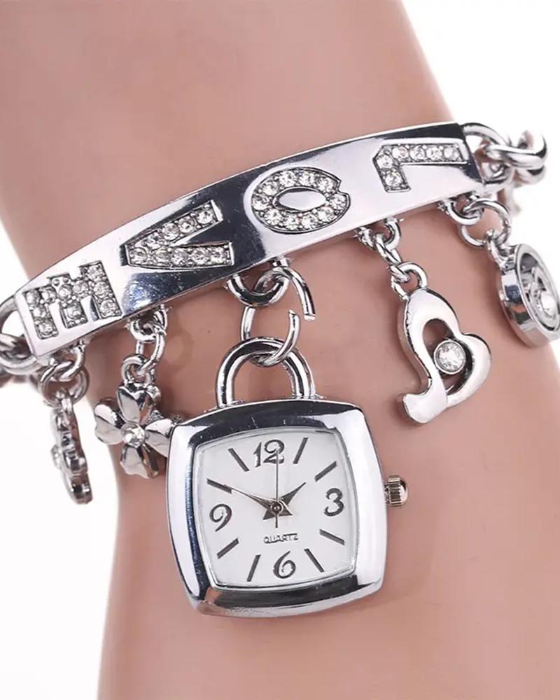 

1pc Floral Love Letter Pattern Tassel Design Bangle Quartz Watch, Silver