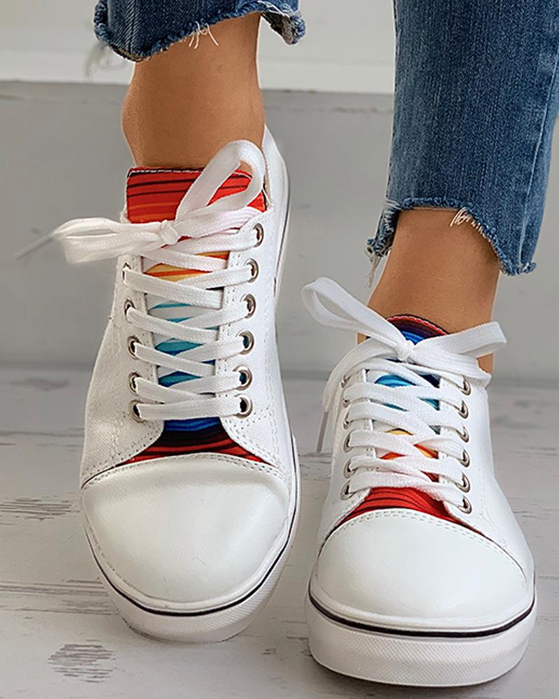 

Striped Colorblock Eyelet Lace-up Sneaker, White