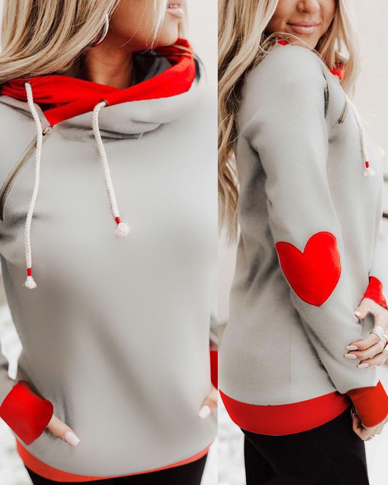 

Heart Print Contrast Binding Zipper Pocket Design Hooded Top, Gray