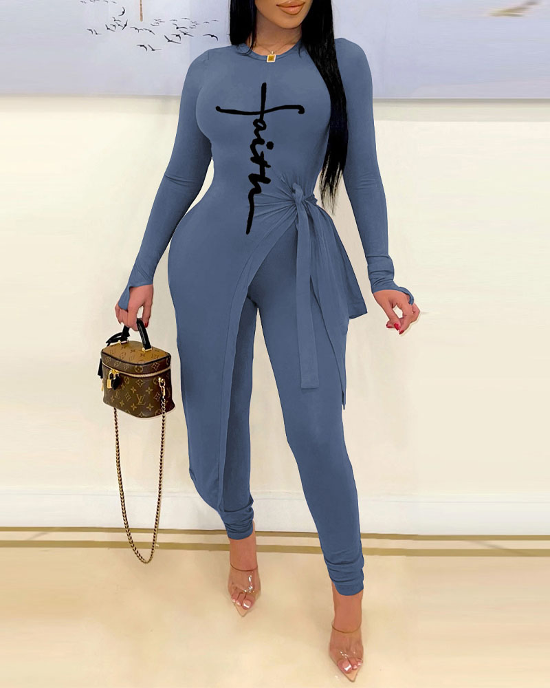 

Letter Print Tied Detail Asymmetrical Top & Pants Set, Blue