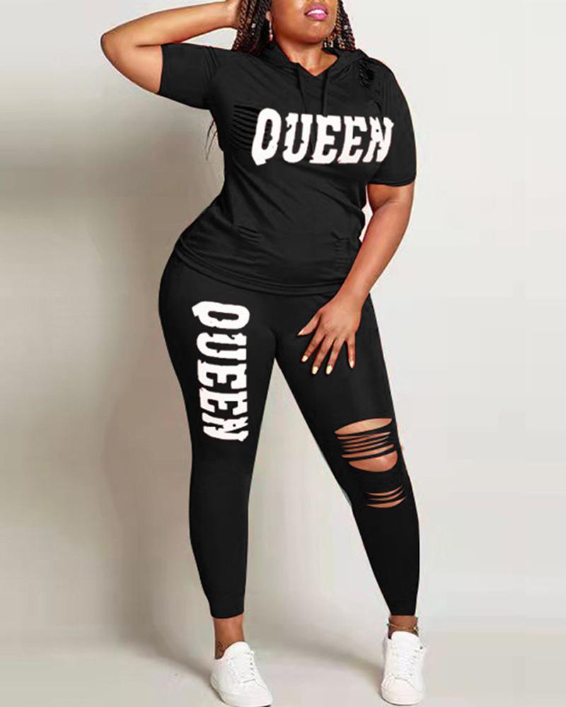 

Letter Print Cutout Hooded Top & Pants Set, Black