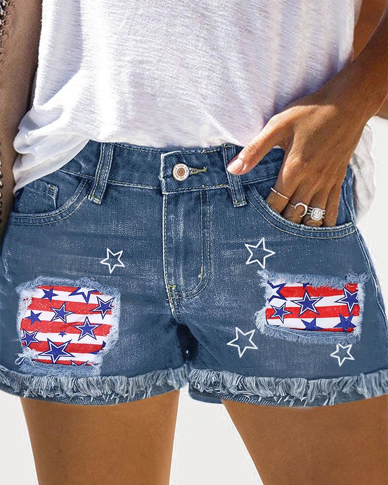 

Independence Day Flag Print Patchwork Raw Hem Denim Shorts, Blue