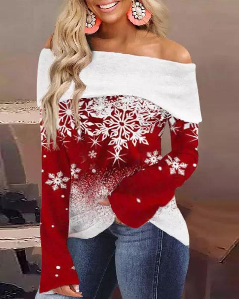 

Christmas Snowflake Print Off Shoulder Top, Red