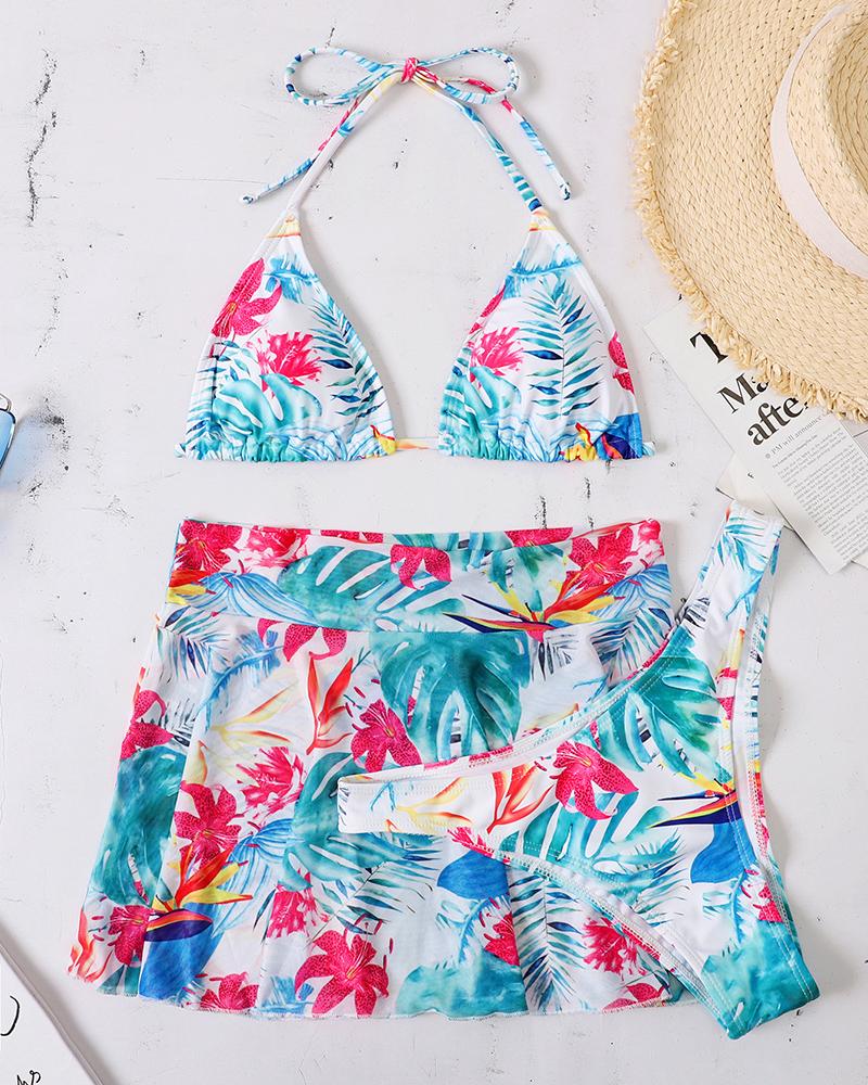 

3PCS Halter Tropical Print Bikini Set With Cover Up, White