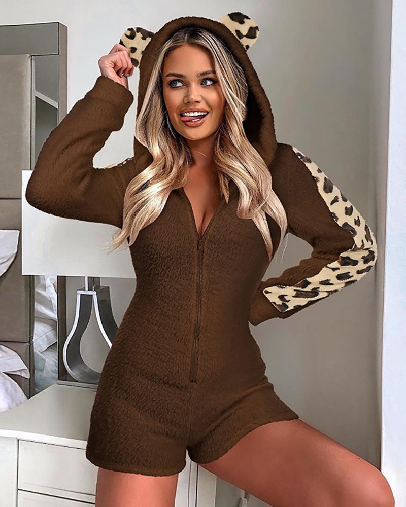 

3D Ear Cheetah Print Zip Front Fluffy Lounge Romper, Brown