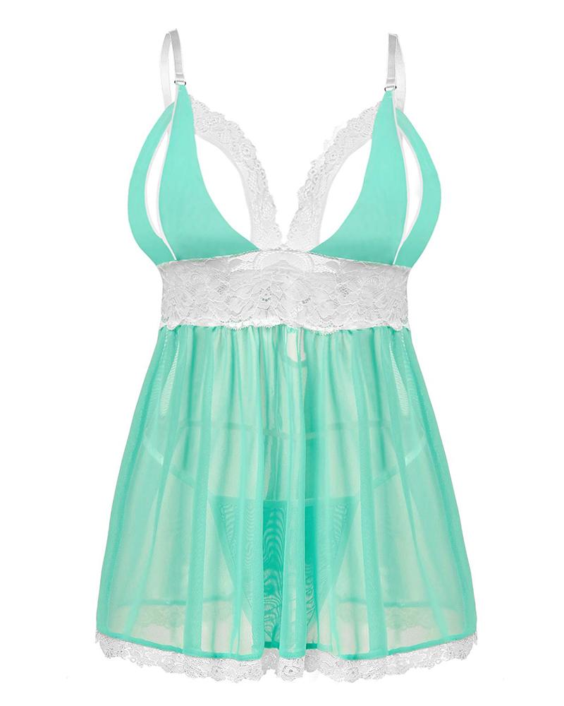 

Plus Size Sheer Mesh Lace Patch Babydoll With Panty, Light green