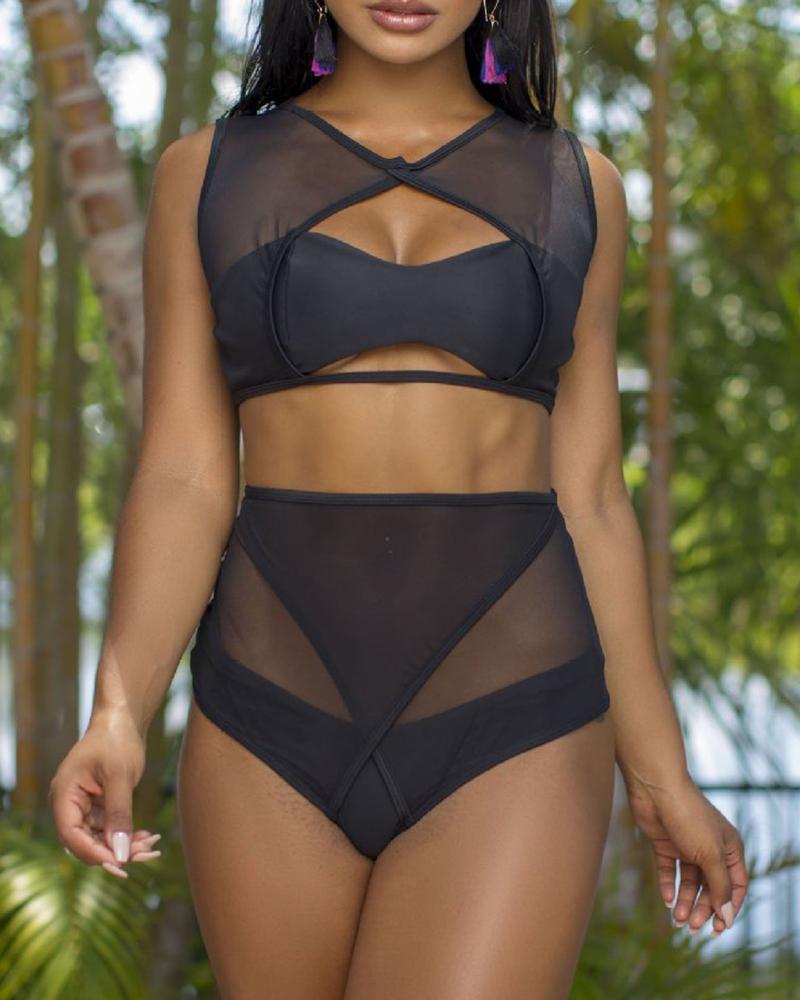 

Sheer Mesh Cutout Backless Bikini Set, Black