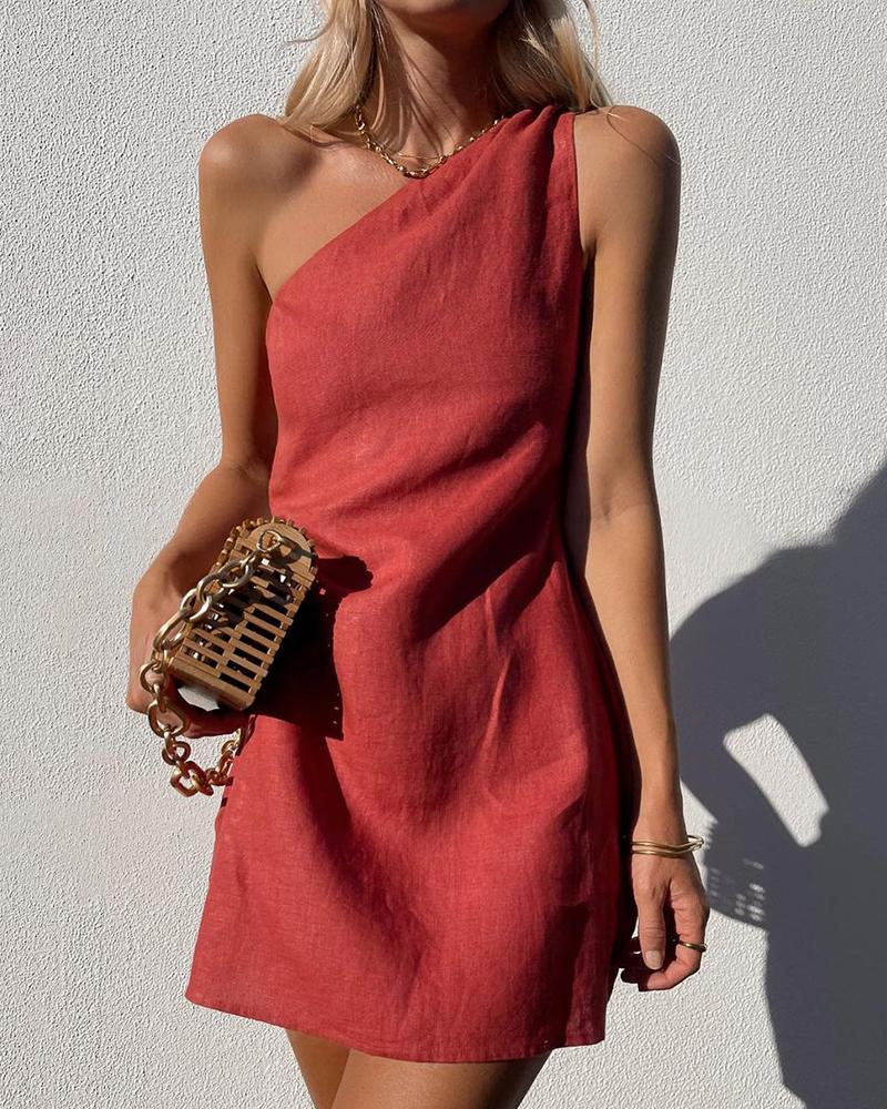 

One Shoulder Plain Sleeveless Casual Dress, Red