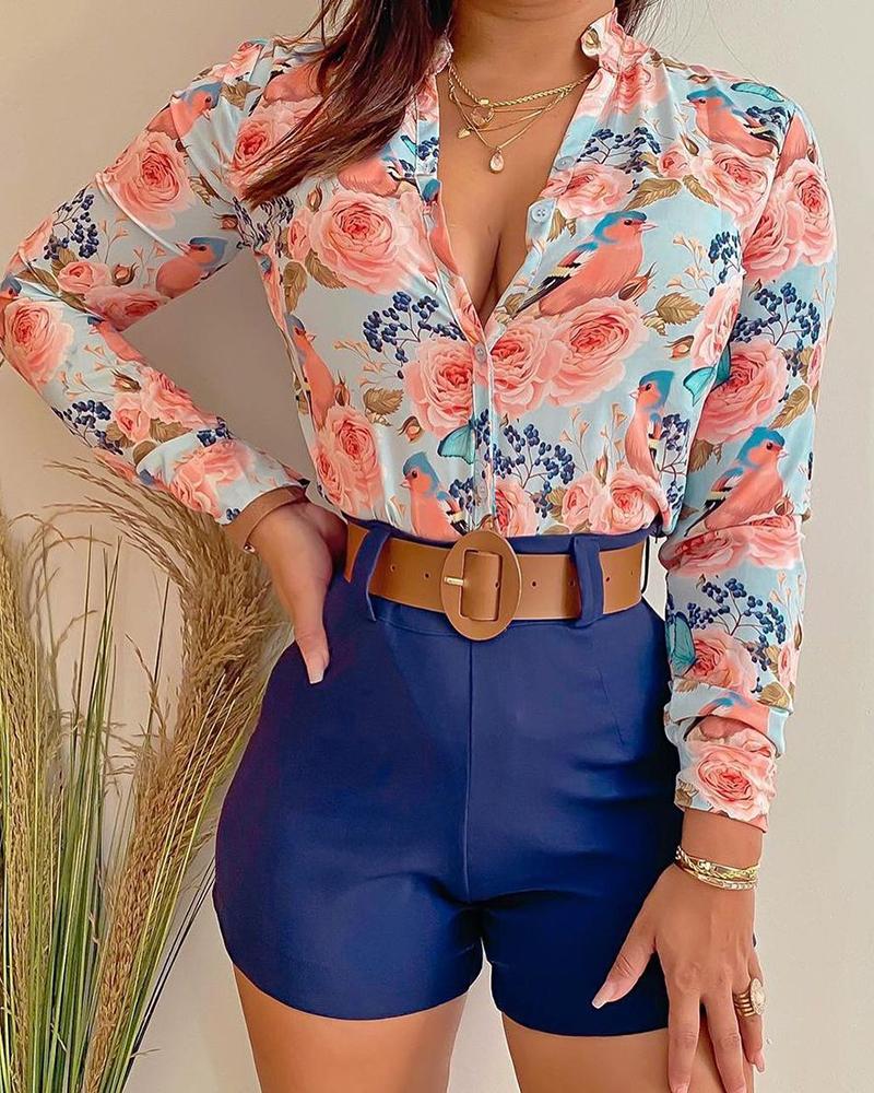 

Floral Bird Print Long Sleeve Top & Shorts Set, Blue