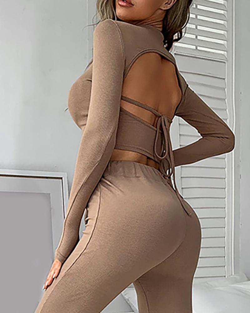 

Backless Crop Top & Slit Wide Leg Pants Set, Khaki
